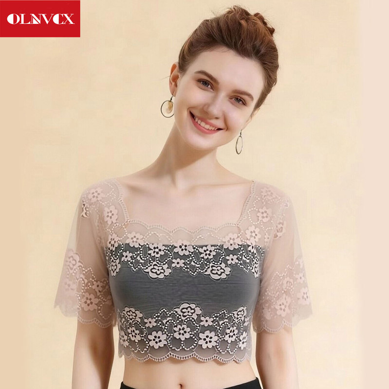 Pink New Summer Thin and Elegant Fairy-Like Top with a High-End Feel, Strapless Short-Sleeved Age-Reducing Lace Off-Shoulder Base Shirt for Layering