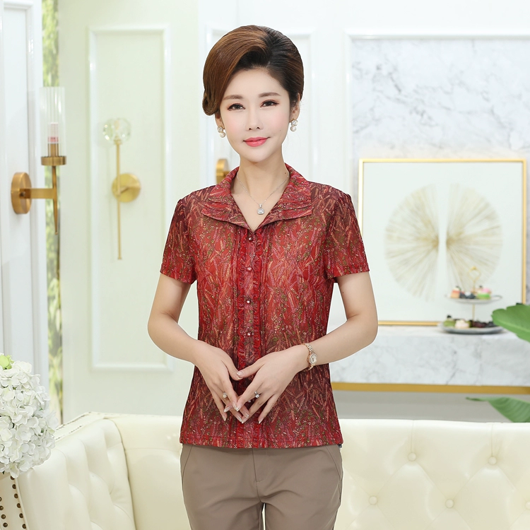 2020 Thương hiệu Xueliner giảm giá cho các bà mẹ trung niên và cao tuổi mặc áo sơ mi đỏ tay ngắn cổ áo sợi Đài Loan - Phụ nữ cao cấp