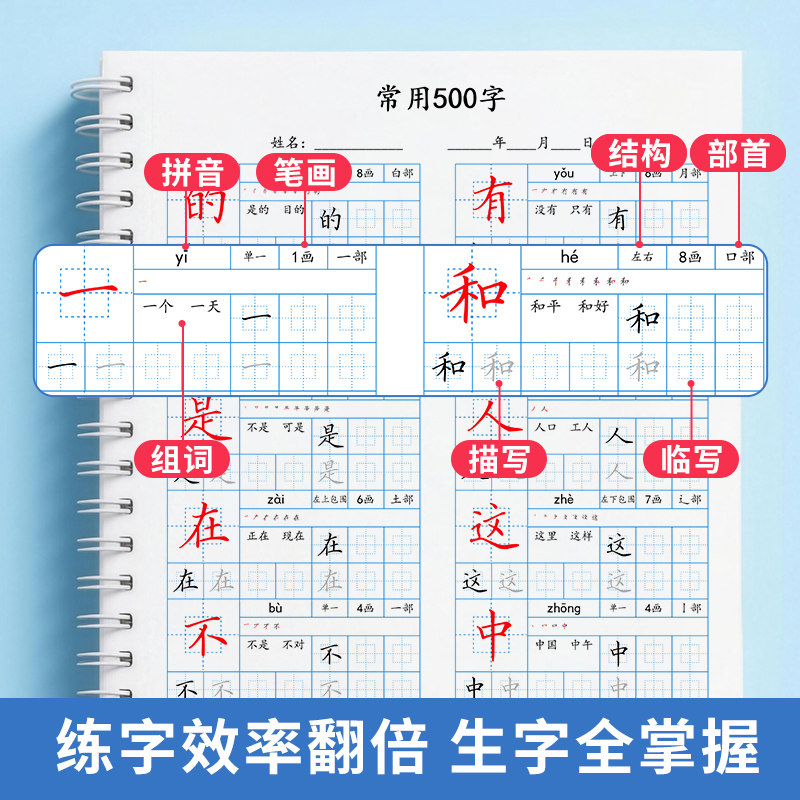 500 Commonly Used Regular Script Characters for Elementary School Students, Basic Calligraphy Practice Book to Improve Handwriting and Penmanship