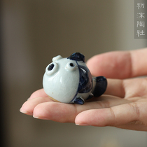 Chu Mo Pottery Society Blue and white hand-painted little fat fish chopstick holder Tea stand pen stand Tea pet decoration incense plug