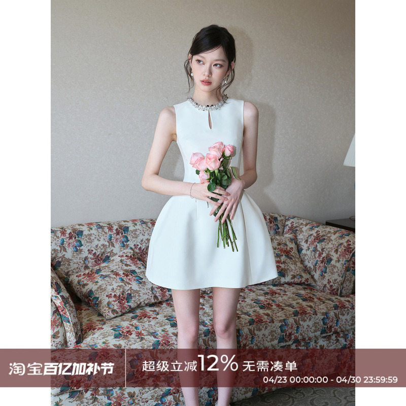 Dryross Original Light Luxury High-End Birthday Dress with Sequins, A-Line Puff Sleeveless Dress for Everyday Wear