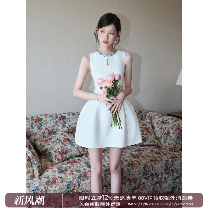 Dryross Original Light Luxury High-End Birthday Dress with Sequins, A-Line Puff Sleeveless Dress for Everyday Wear