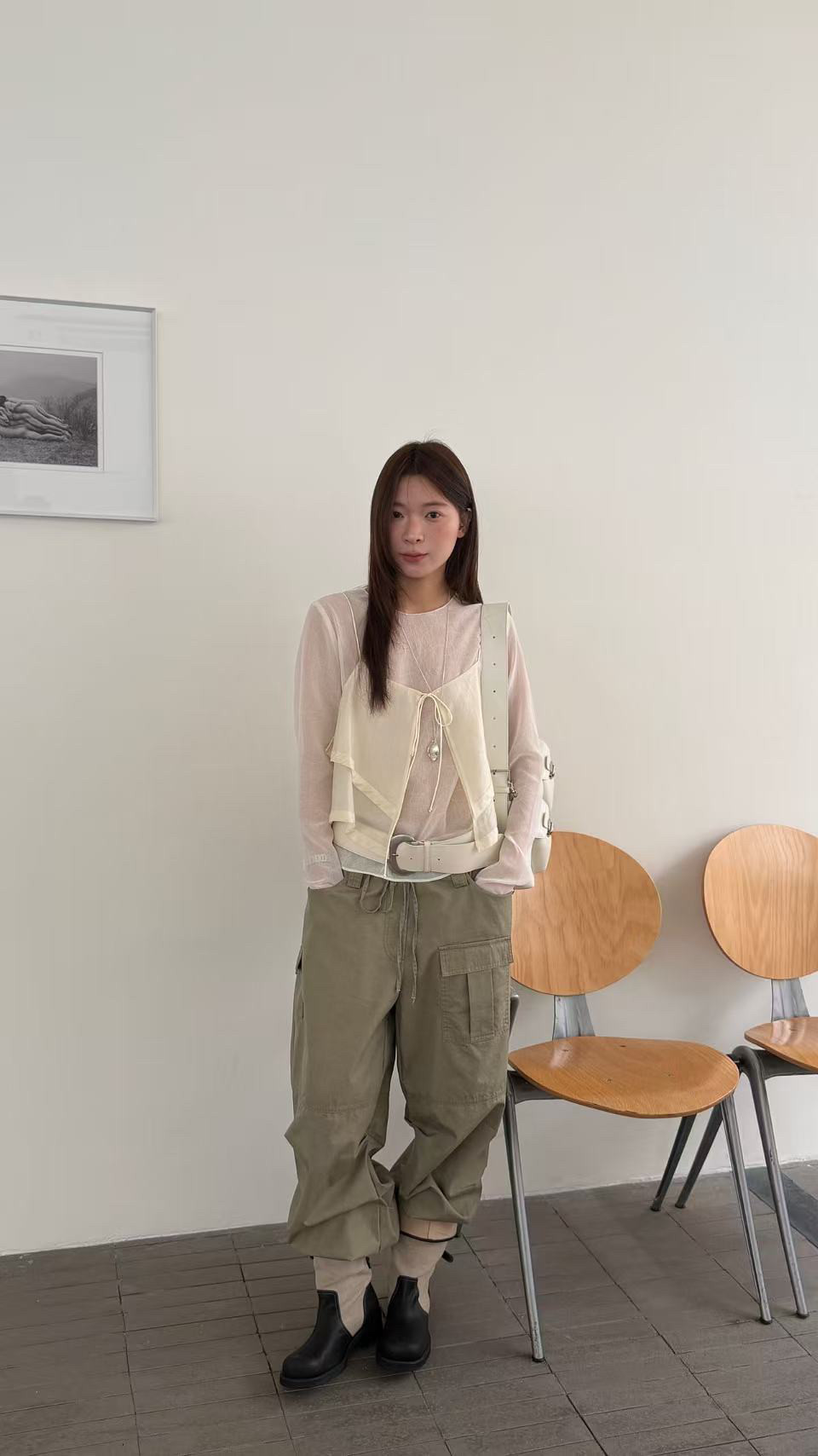 waitmore2026 весна-лето новая модель прозрачная блузка с длинными рукавами + двухслойный топ на бретелях комплект из двух предметов женский