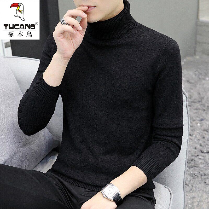 Woodpecker Solid Color Sweater for Men, Autumn and Winter 2025 New High-Neck Base Shirt, Black Men's Warm Knitwear, Trendy