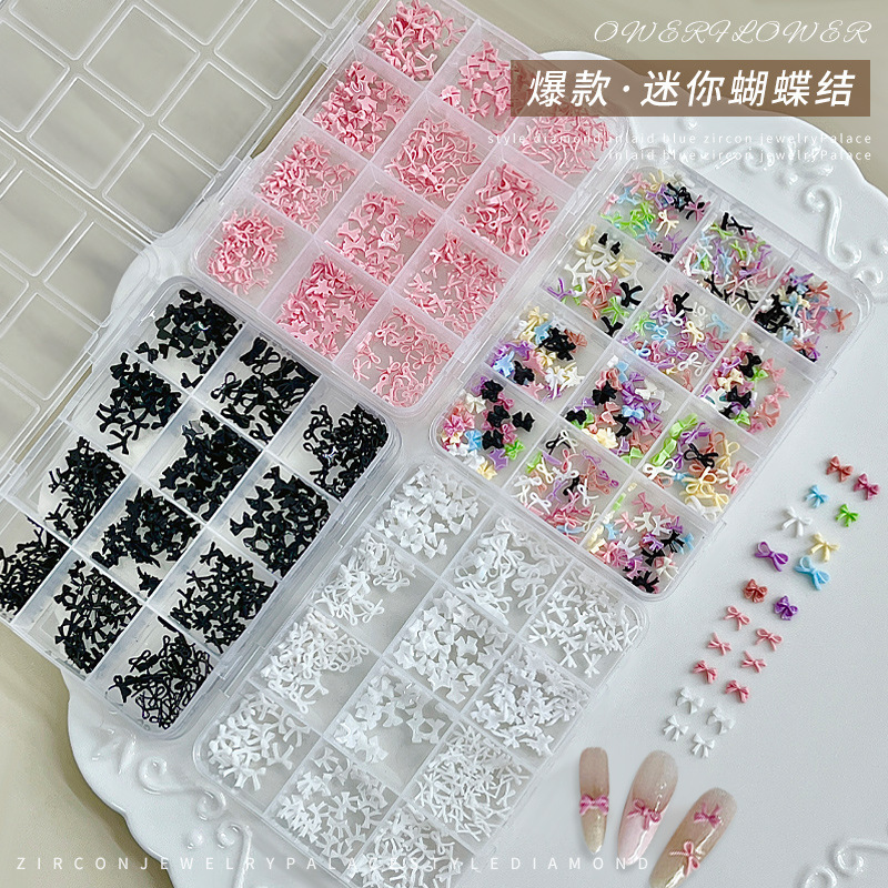 12-Compartment Mini Bow Nail Art Decorations, Mixed Sizes, Cross-Border Hot-Selling Black, White, and Pink Bow Tie Nail Rhinestone Accessories