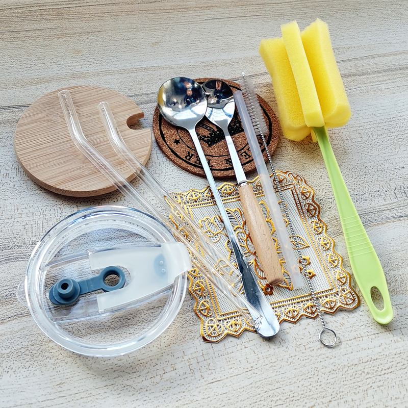 Glass Cup Lid Straw Lid Straw Bamboo Lid Wood Handle Spoon Cup Cushion Cup Brushed Straw Brush
