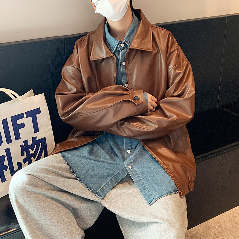 Brown Retro Pu Leather Jacket for Men, Spring and Autumn ins Trendy American Oversize Biker Jacket, Light Mature Style