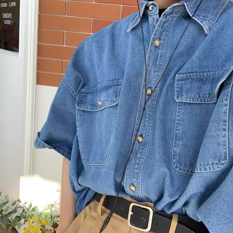 Washed Denim Shirt for Men, Unique Design, Cardigan Style, Japanese City Boy Workwear, American Style Shirt, Short Sleeve, Summer Washed Denim Shirt for Men, Unique Design, Cardigan Style, Japanese City Boy Workwear, American Style Shirt, Short Sleeve, Summer
