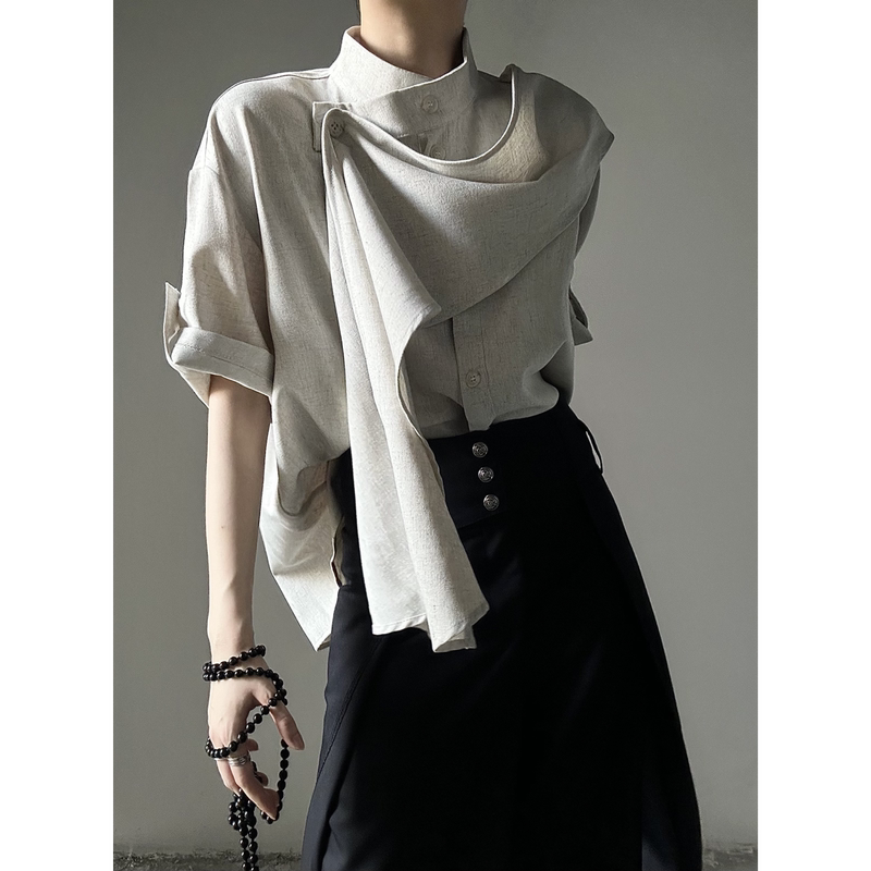 New Chinese-Style Unisex Short-Sleeved Shirt for Men and Women, Summer New Style with Asymmetrical Ribbon Design, Unique and Relaxed Shirt