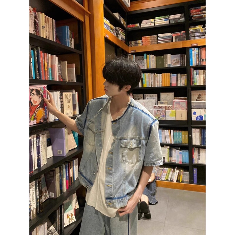 Padded Shoulder Ripped Denim Short-Sleeved Shirt, Thin Style for Men, Summer Wear, High-End, Cool and Handsome Style, Male Model Workwear Jacket