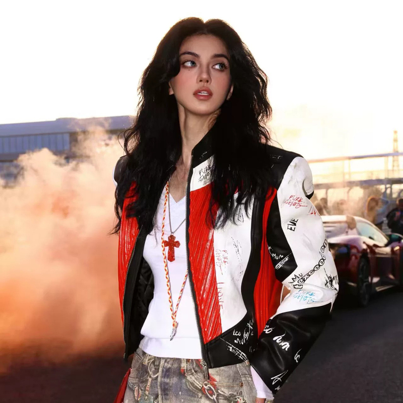 American-Style Trendy Short Stand-Collar Graffiti Leather Jacket for Men and Women, Autumn Printed Street Racing Jacket with Patchwork Leather