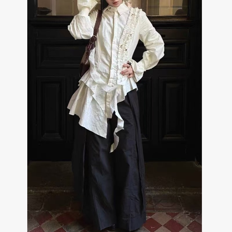 Yamamoto Dark Deconstructed Style Niche High-End Ruffle Design Asymmetrical Waist-Cinching Long-Sleeve Slim-Fit Shirt Top Yamamoto Dark Deconstructed Style Niche High-End Ruffle Design Asymmetrical Waist-Cinching Long-Sleeve Slim-Fit Shirt Top