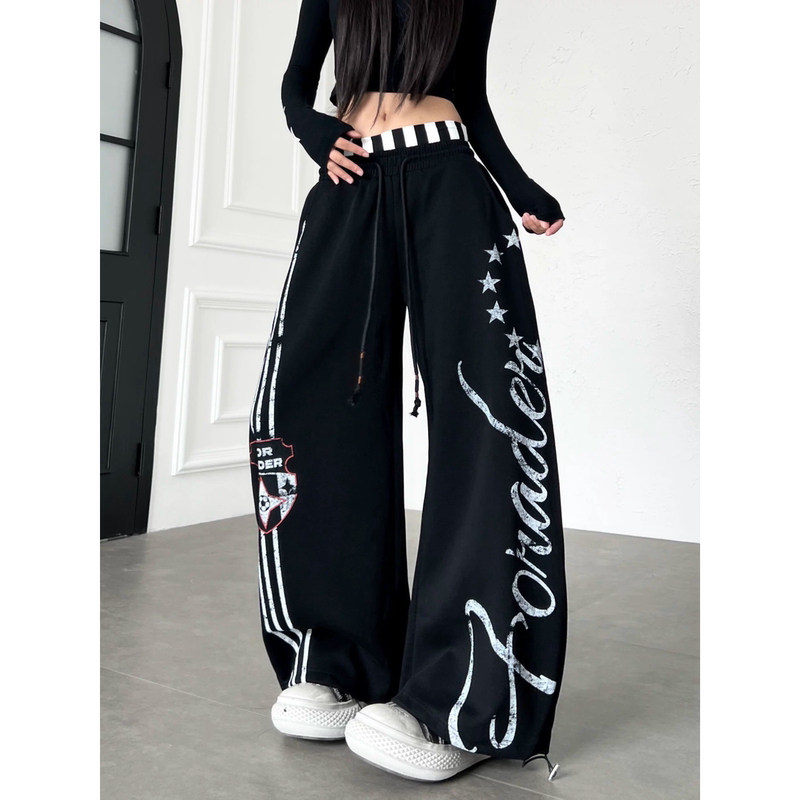 American Street Style Double Letter Print Waistband Jogger Pants for Men and Women, New Summer Jazz Dance Wide-Leg Pants