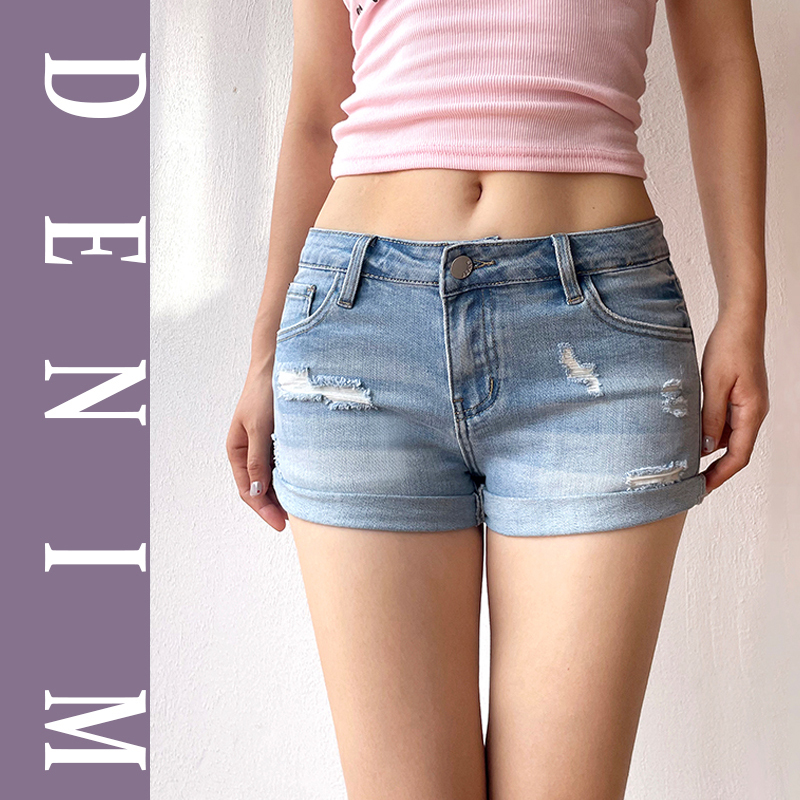 Light Blue Stretchy Low-Waist Denim Shorts for Women 2026 Summer New Style Rolled Hem Ripped Tight-Fitting Hip-Hugging American Hot Pants for Sexy Girls