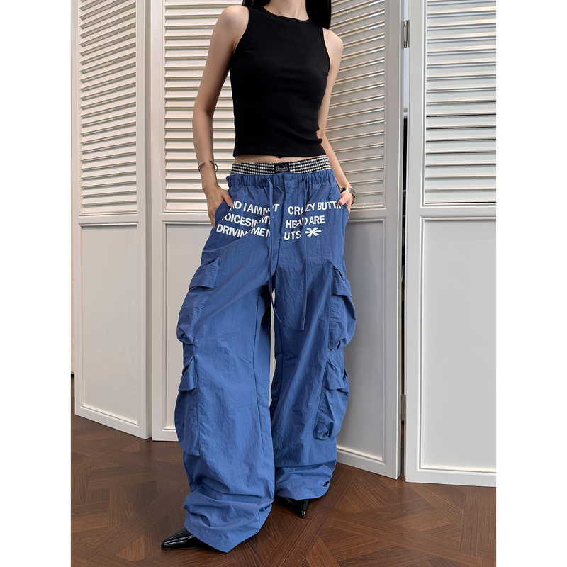 Mr. Bense American Retro Print Multi-Pocket Paratrooper Casual Pants for Women, Street Dance Loose Slimming Wide-Leg Pants Trendy