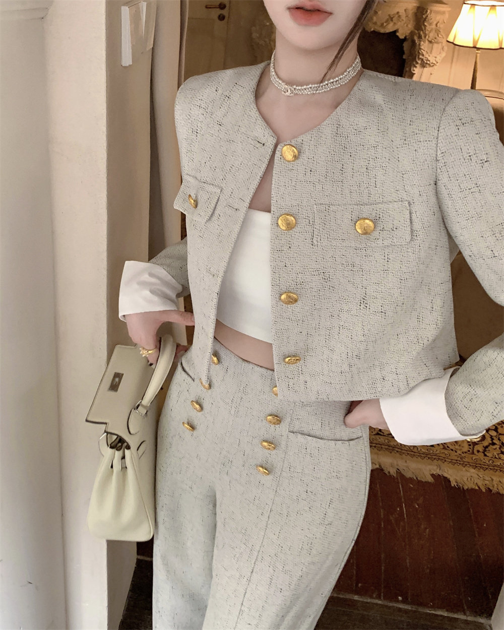 French Style Long Sleeve Top And Shorts Suit For Women
