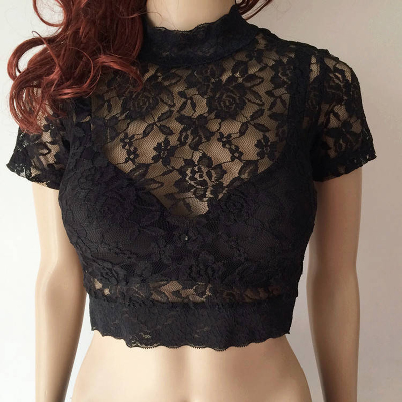 Half-Length Black Lace Short-Sleeved Top for Women, Slim-Fitting Inner Layer with Stand-Up Collar, Sexy Cut Out Blouse, Half-Length Mesh Bottoming Shirt