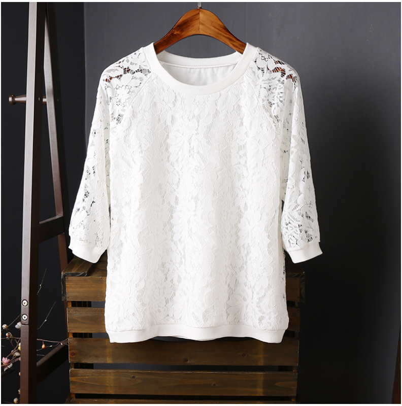 Three-Quarter Sleeve Top for Women, Autumn Style, Stylish, Loose, Tummy-Covering, Slimming, White Hollow Lace Base Shirt, Plus Size Three-Quarter Sleeve Top for Women, Autumn Style, Stylish, Loose, Tummy-Covering, Slimming, White Hollow Lace Base Shirt, Plus Size