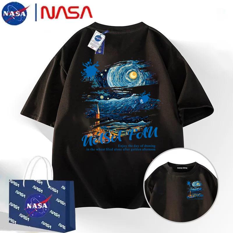 Nasa Co-Branded American Trendy Brand Outlet Van Gogh Starry Night Pure Cotton Heavyweight Short-Sleeve T-Shirt for Men, 2025 Summer New Model