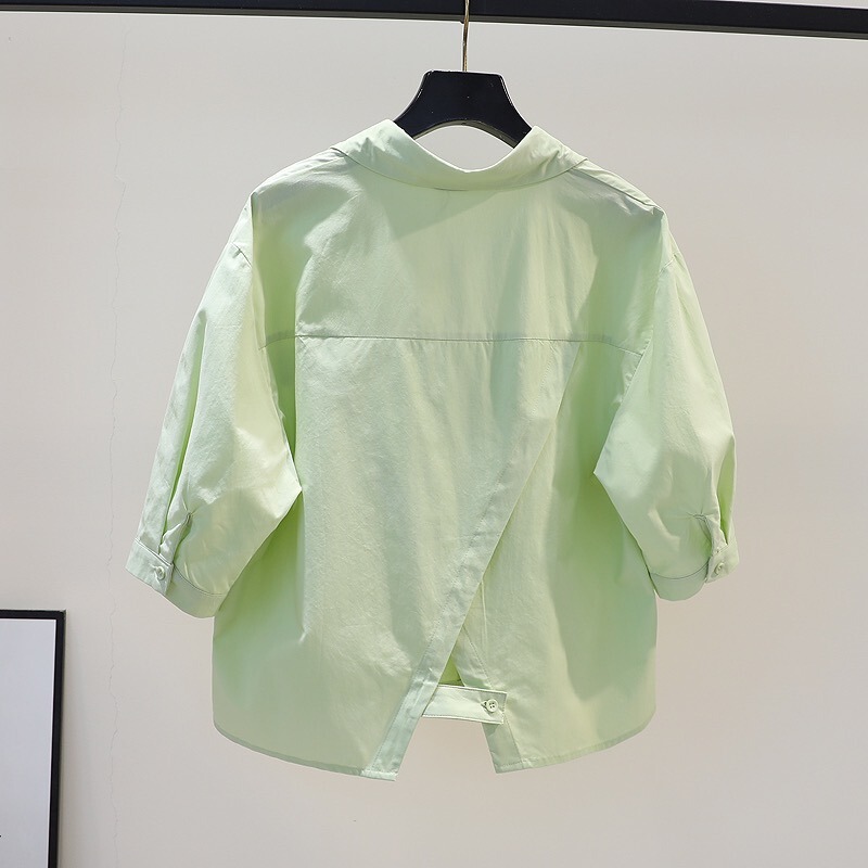 Brand-Cut Label Export Green Short-Sleeve Shirt with Back Slit for Women, Summer Fresh and Loose Blouse Top