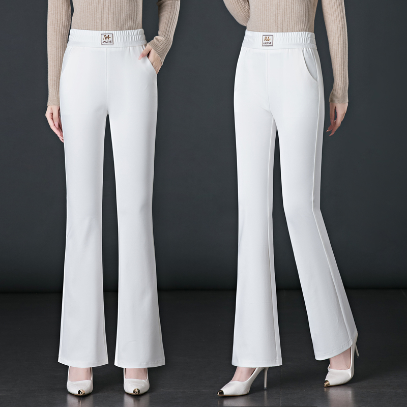 White Flared Pants for Women, Spring and Autumn Style, High-Waisted, Elastic Waistband, Petite Women, Slimming Bell-Bottom Pants, Mom Pants White Flared Pants for Women, Spring and Autumn Style, High-Waisted, Elastic Waistband, Petite Women, Slimming Bell-Bottom Pants, Mom Pants
