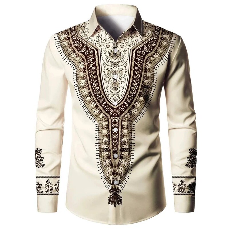 Kurta for Menfor Lapel Printed Long-Sleeved Top Shirt Casual Wear