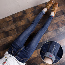 2021 Spring and Autumn new womens jeans trousers small legs elastic dark Korean high waist pencil pants New