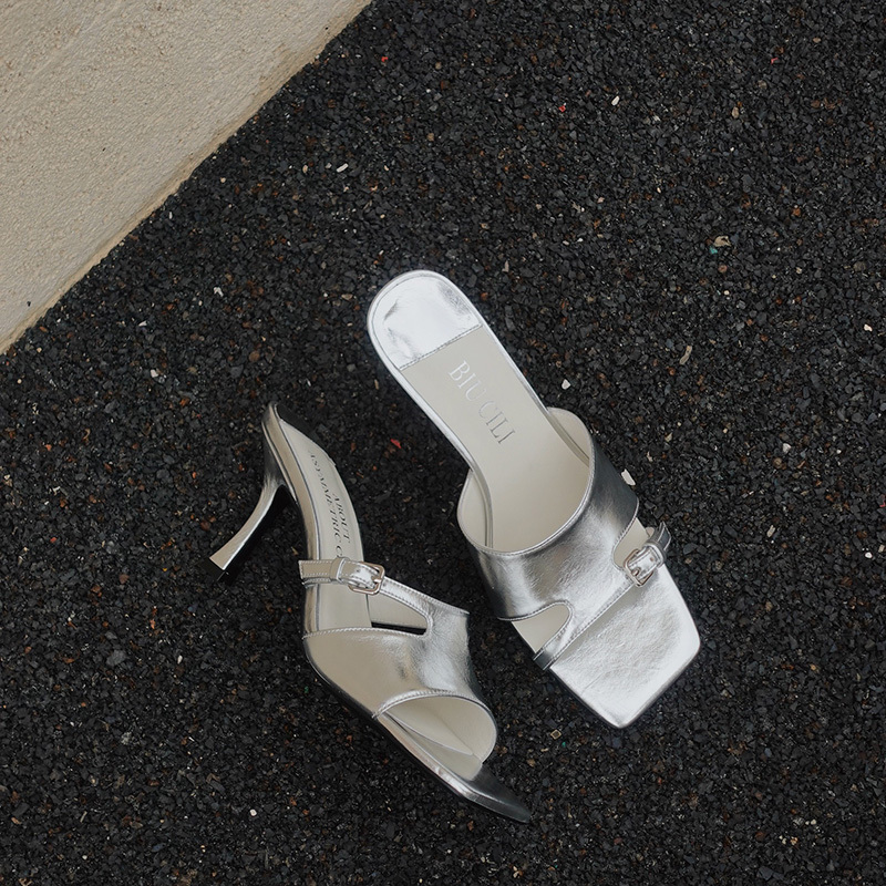 Biucili'Fatal Woman' Original Asymmetrical Elegant Square-Toe High-Heeled Mules Half-Slipper Women's Sandals