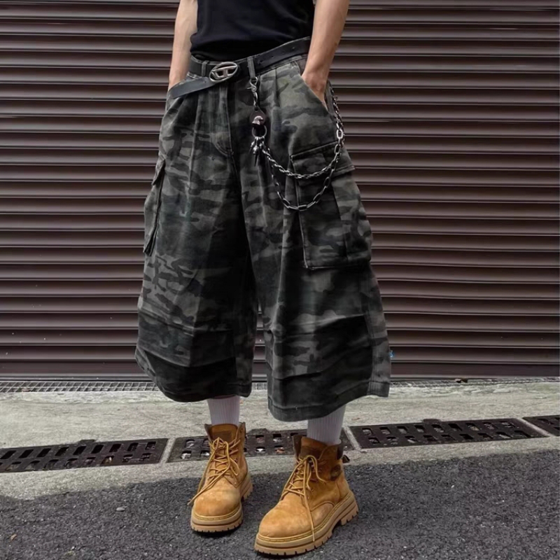 American Retro Camouflage Capri Pants for Men, Summer Thin Washed Denim Shorts, High Street Vibe Workwear Casual Pants