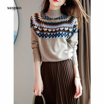 Japanese light luxury 2021 new autumn loose wool knitted base shirt ethnic style diamond semi turtleneck sweater women