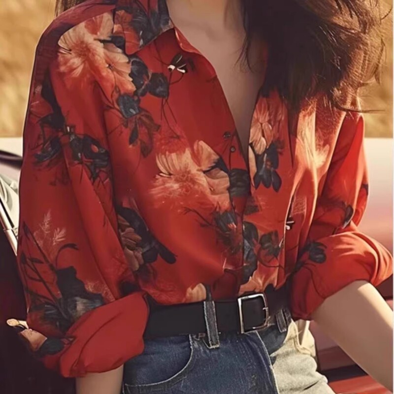 Hong Kong Style Retro Red Floral Shirt for Women, 2026 Spring New Niche Loose Fit Slimming Elegant Long-Sleeve Top