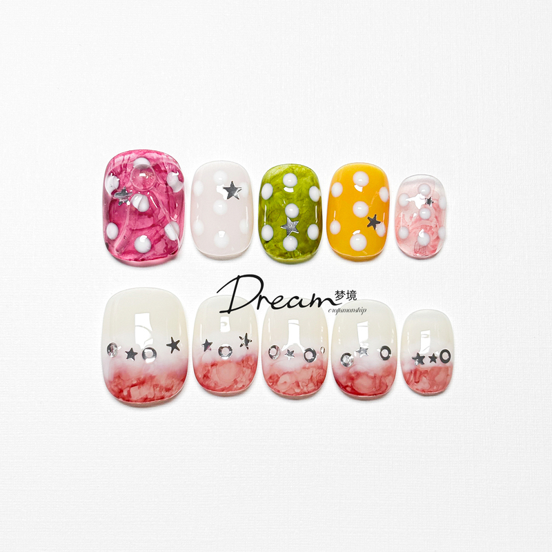 Dream New Summer Style Sweet Handmade Short-Length Dopamine Polka Dot Fake Nails Nail Art Stickers
