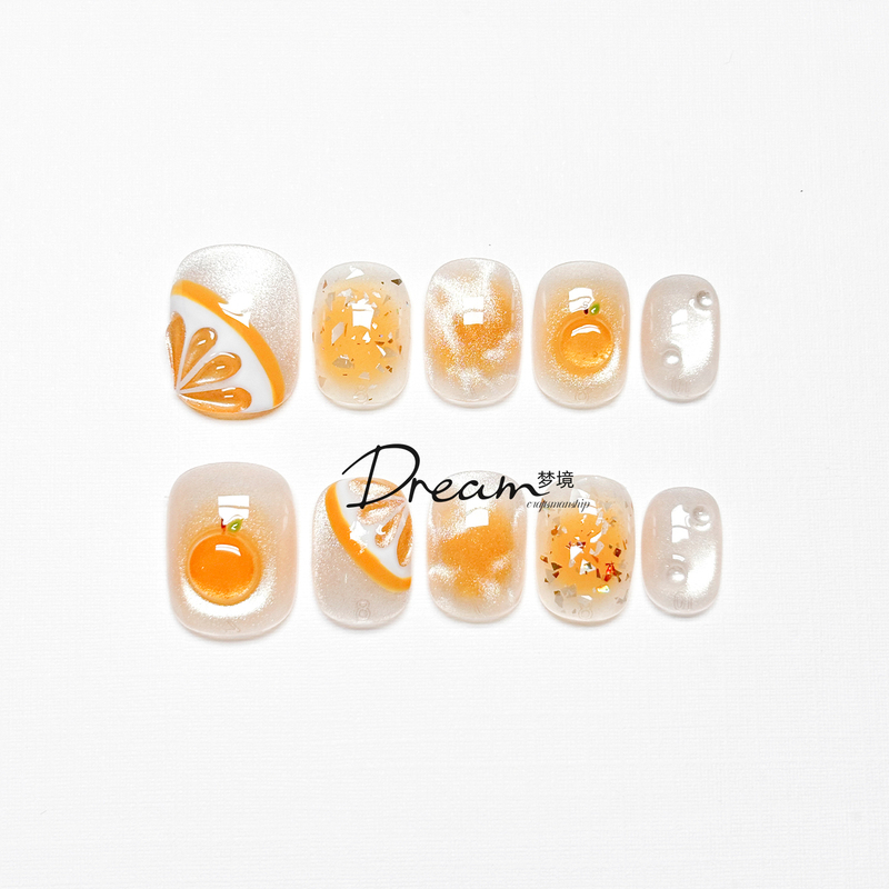 Dream Hand-Painted Summer Sweet Orange Handmade Wearable Nails Cute Short Style High-End Nail Art Finished Fake Nail Stickers