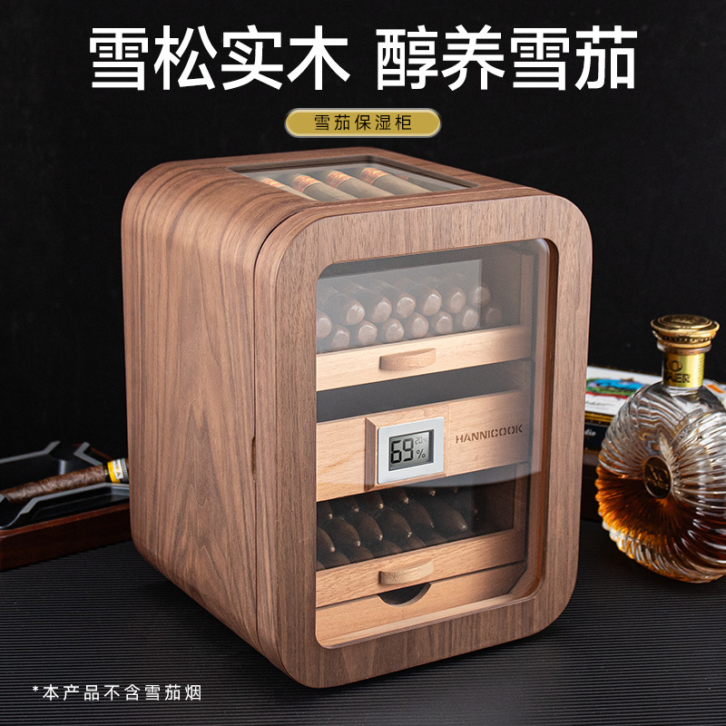 Cigar Humidor Cedar Wood Three-Layer Large Capacity Transparent Window Black Walnut Wood Grain Wooden Cigar Maturation Humidor Cigar Humidor Cedar Wood Three-Layer Large Capacity Transparent Window Black Walnut Wood Grain Wooden Cigar Maturation Humidor