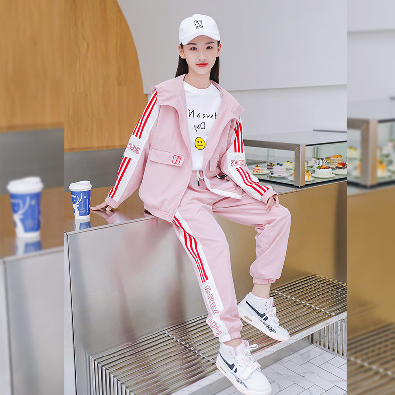 Spring Clothing Teenage Girl 12 Foreign Style Fashion Girl 13 Grand Boy 16 Junior High School Student 14 Year Old 15 Casual Sportswear Suit Woman
