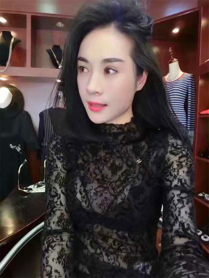 European station 2022 autumn new half turtleneck slim fit and thin flocking elastic micro-transparent lace long-sleeved inner wear women