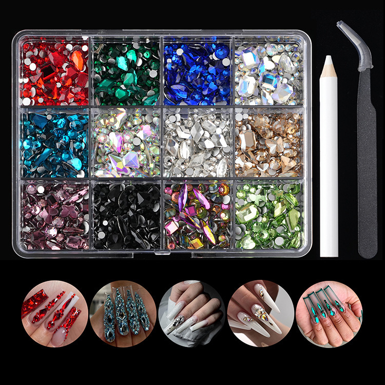 Nail Art Flat-Bottomed Irregular-Shaped Rhinestones 12-Grid Box Set, Mixed Size White Rhinestones, Sparkling Rhinestones for Nail Art Decoration