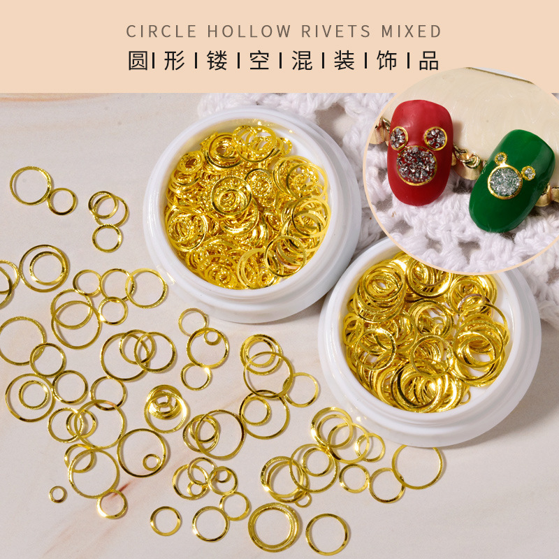 Internet-Famous Mickey Mouse Head Metal Nail Art Decorations, Micro-Diamonds, Various Sizes, Hollow Round Metal Rings, Rivets, Crystal Sand