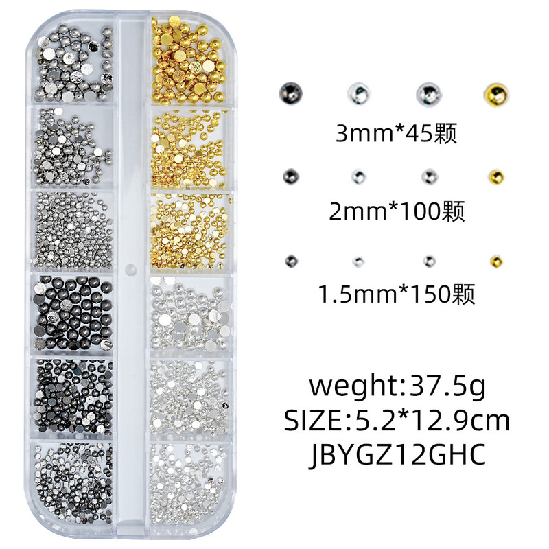 Half-Round Steel Beads Metal Rivets 12-Grid Japanese-Style Nail Art Large and Small Gold, Silver, Gray, Black Vintage Alloy Solid Jewelry Box