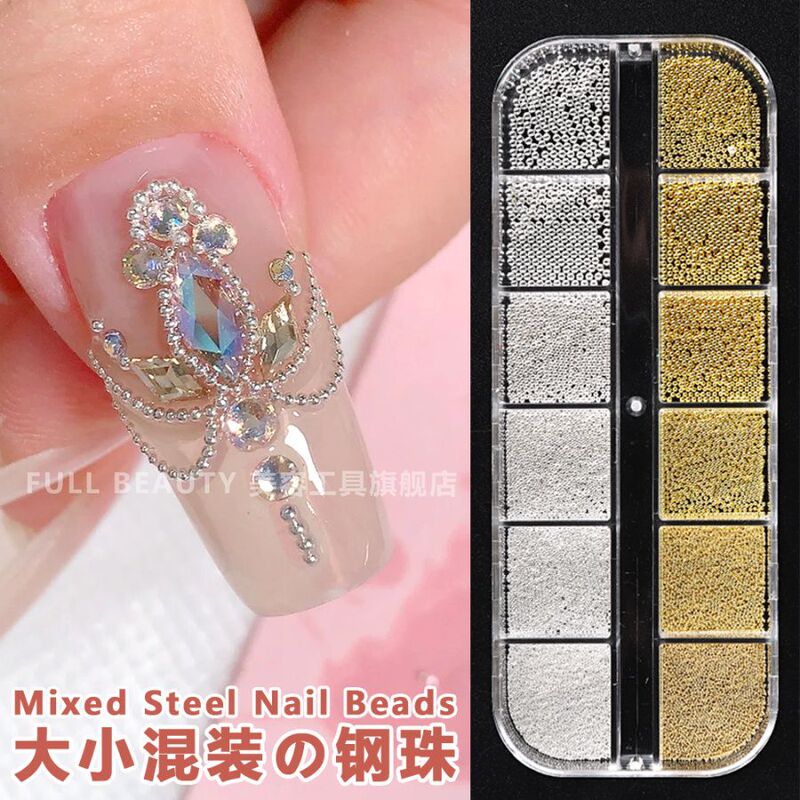 Japanese-Style Nail Art Decorations Mini Small Steel Beads Gold and Silver Metal Round Beads 12-Compartment Mixed Size Flat-Bottom Rhinestones Butterfly Japanese-Style Nail Art Decorations Mini Small Steel Beads Gold and Silver Metal Round Beads 12-Compartment Mixed Size Flat-Bottom Rhinestones Butterfly