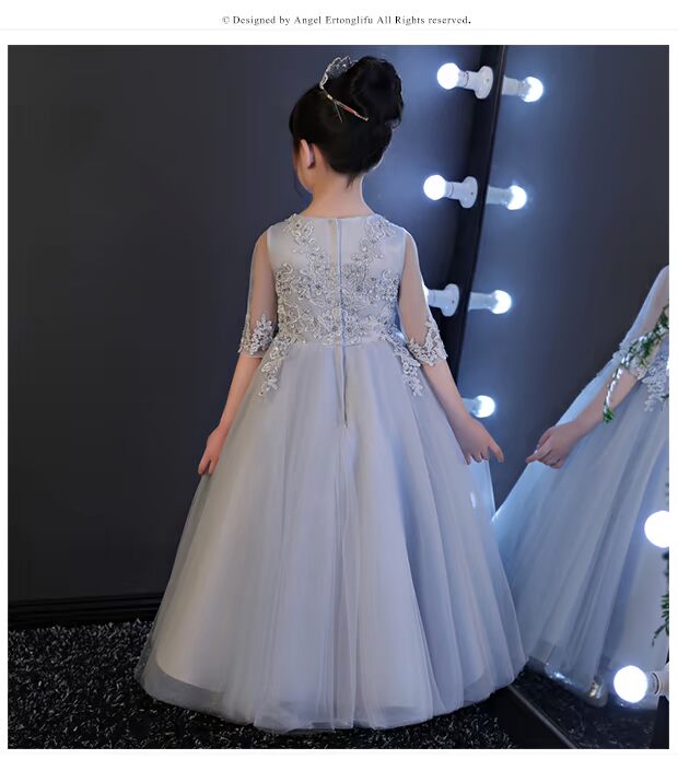 Trẻ em công chúa váy cô gái dài tay phồng sợi sinh nhật hoa cô gái nhỏ chủ trang phục piano màu xám mùa thu đầm thời trang đẹp cho bé gái