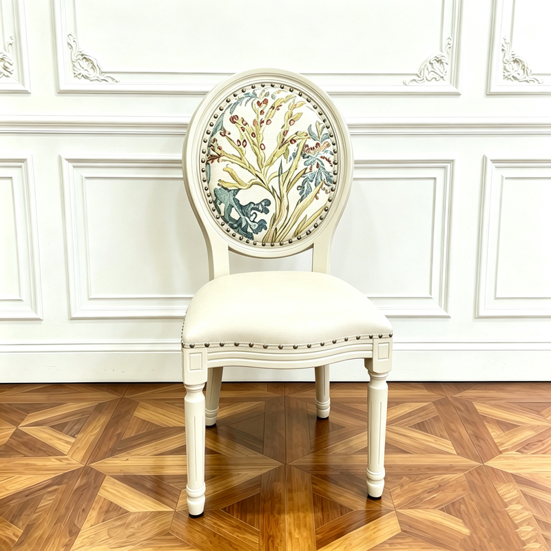 French Light Luxury Style White Solid Wood Dining Chair with Round Embroidered Backrest Design, High-End Desk Chair, Living Room Leather Dining Chair French Light Luxury Style White Solid Wood Dining Chair with Round Embroidered Backrest Design, High-End Desk Chair, Living Room Leather Dining Chair