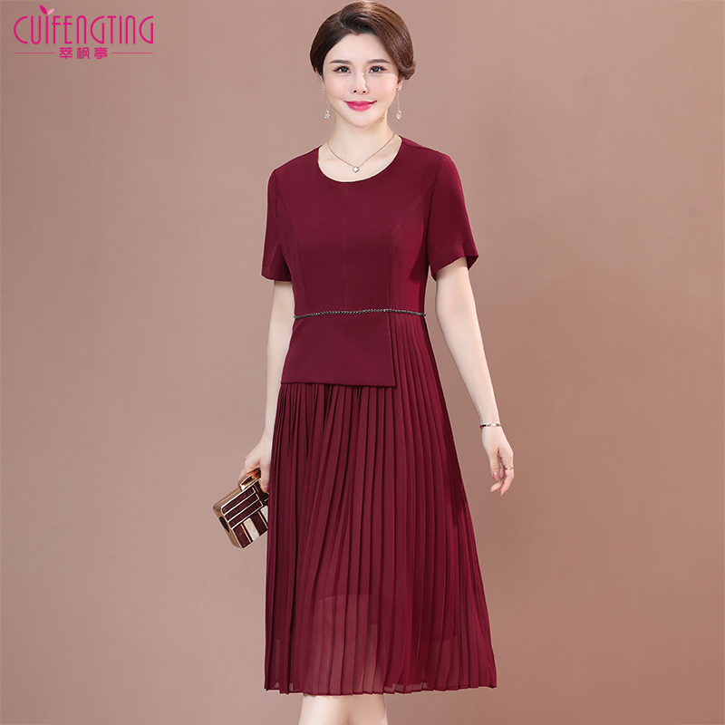 Grandma Xi's Dress, Mid-Length Burgundy Wedding Mother's Summer Dress, Round Neck, Noble Elegant, Can Be Worn at Ordinary Times