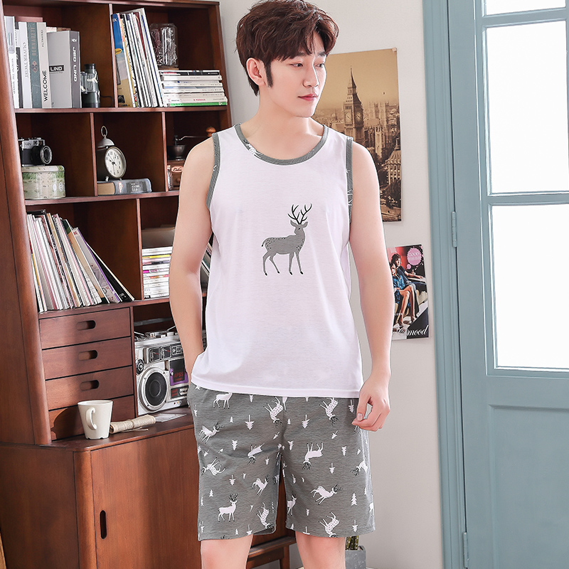 Mens pajama mùa hè vest quần short bông cộng với sân giản dị mỏng thanh niên mùa hè không tay nhà quần áo bộ