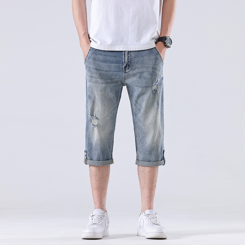 Summer Thin Ripped Vintage Cropped Denim Shorts Men's Slim Straight Pants Youth Stretch Casual Mid-Length Pants