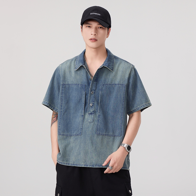 Summer Ice Oxygen Cool Short-Sleeved Denim Shirt Men's Japanese Style Retro Nostalgic Half-Sleeved Shirt Thin Lapel Casual Top