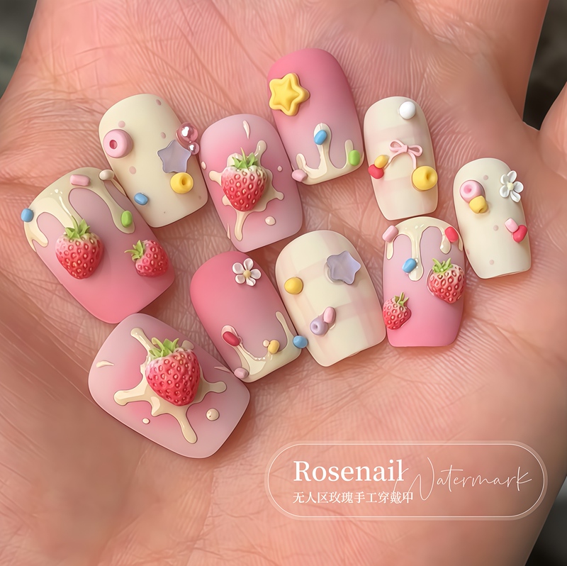 Strawberry Cake Short Cute Cream Nail Art with Girly Heart Handmade 3D Decorations Nail Stickers Fake Nails Strawberry Cake Short Cute Cream Nail Art with Girly Heart Handmade 3D Decorations Nail Stickers Fake Nails