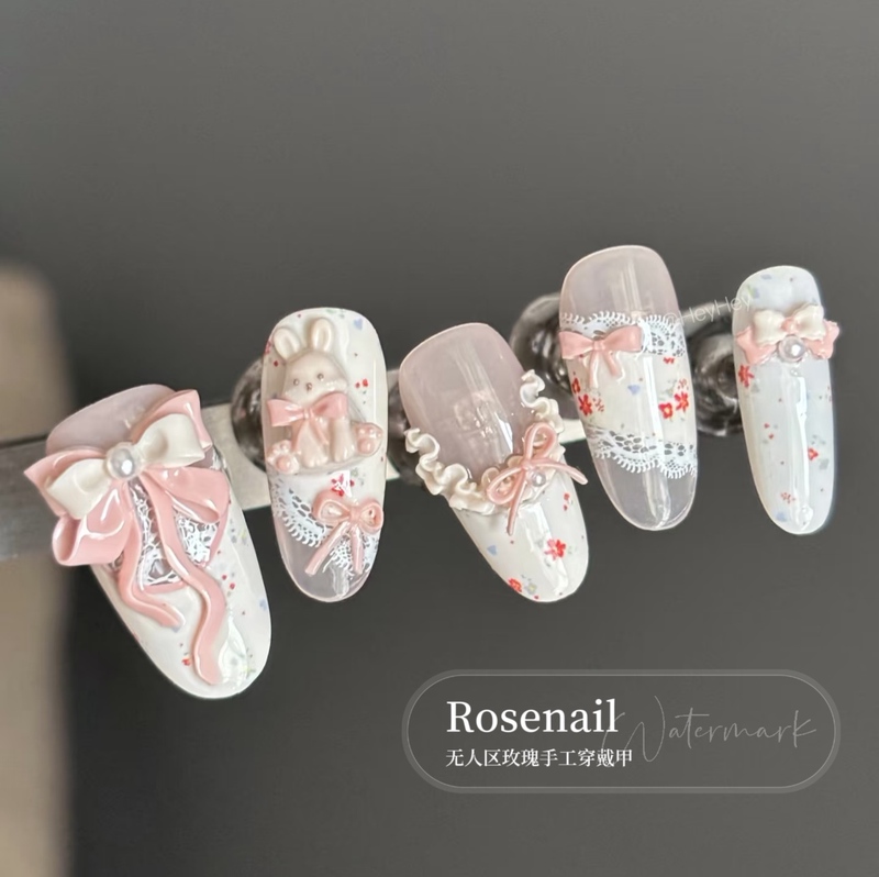 Rabbit Love Letter Floral Lace Wearable Nails 3D Bowknot Medium-Length Manicure Fake Nails Removable 522