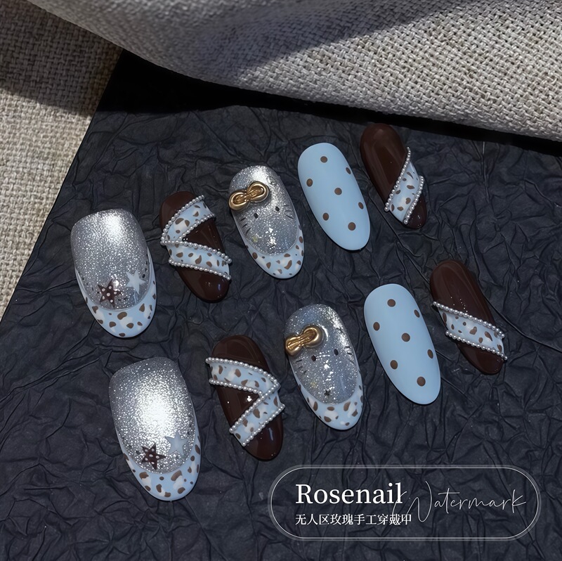 Milk Blue Kitty Leopard Print French Style Wearable Nails Sweet Cool Nail Stickers Pure Handmade Hand-Painted Fake Nails Removable C69
