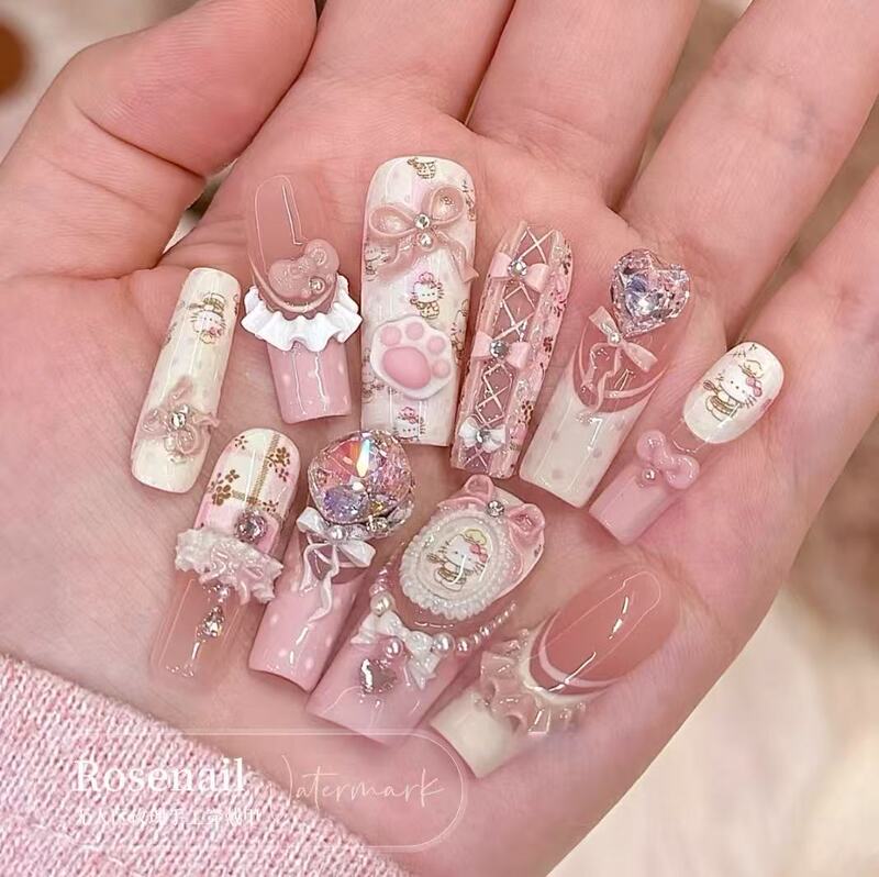 Cat Claw Sweetheart Cute Style Hand-Painted Wearable Nails Purely Handmade Nail Art Patch Girly Heart Removable Fake Nails 535